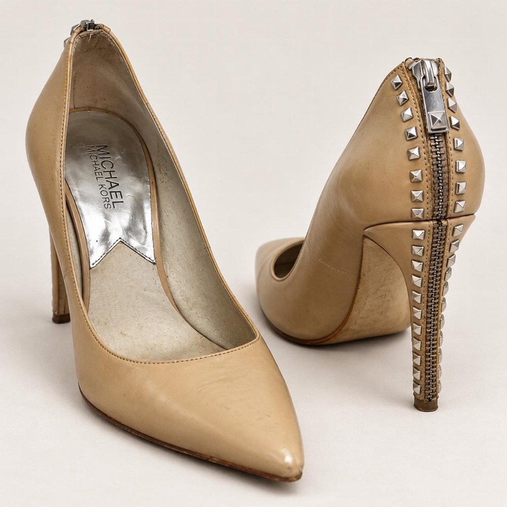 MICHAEL Michael Kors Nude Studded Zip-Back Pumps — Size 7M